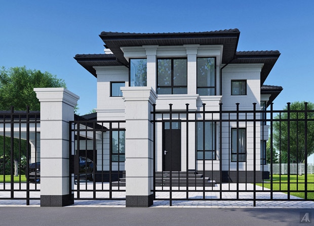 визуализация входной группы с ограждением участка