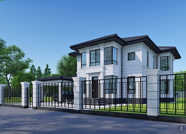 эскиз дизайна забора классического дома на новой риге