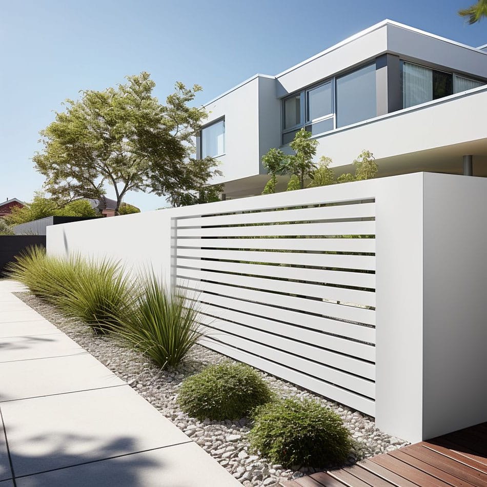 Минималистичный белый забор со вставками из горизонтальных планок